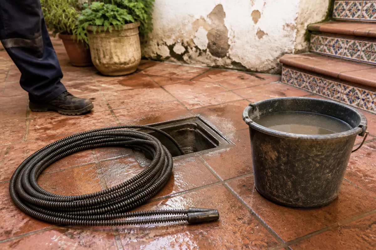 Máquina de desatasco y arqueta abierta en un patio de vivienda de Orihuela