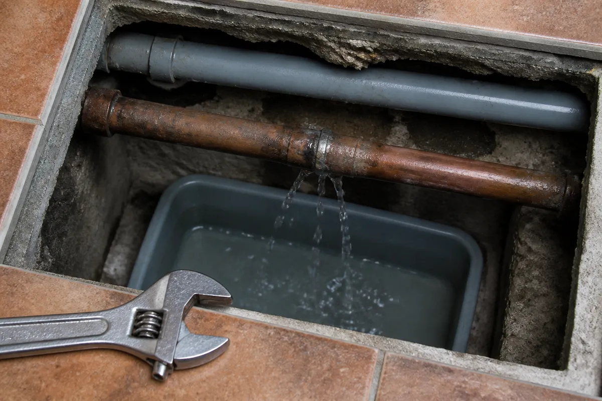 Fuga de agua en una junta de tubería de cobre con llave inglesa lista para la reparación