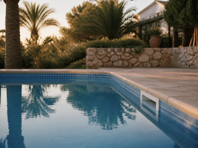 Piscina residencial con skimmer, sin personas