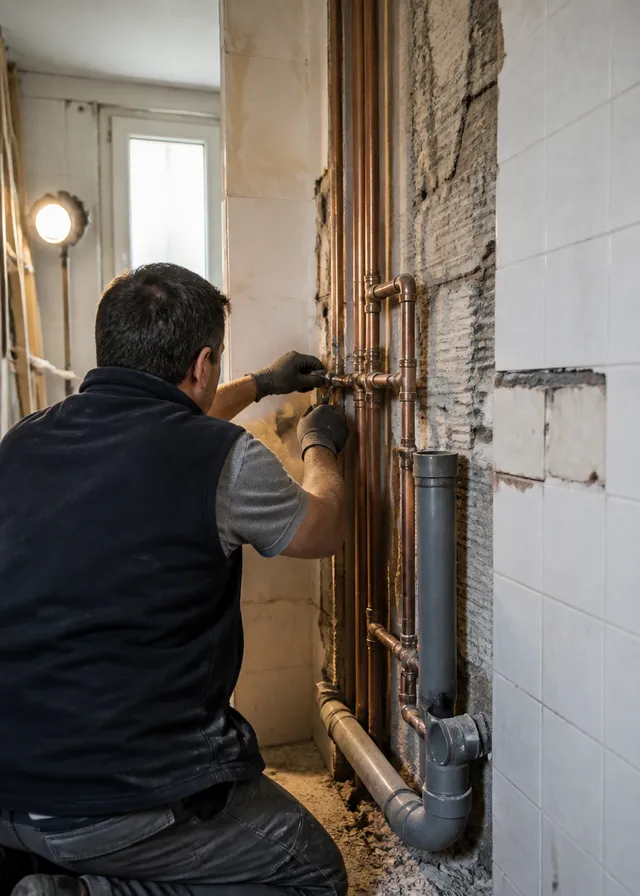 Fontanero de espalda ajustando tuberías de cobre en un baño de Orihuela