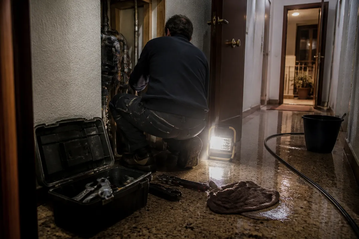 Intervención nocturna de urgencia de fontanería con herramientas en el rellano de una vivienda
